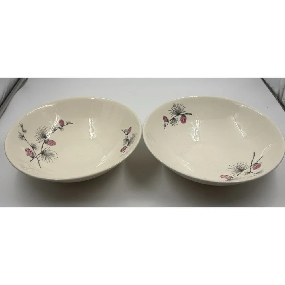 Set of 2 Vintage Skyline Canonsburg Pottery Pink Pine Cones Soup Bowls
